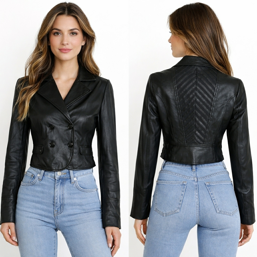 Women’s Black Leather Double-Breasted Jacket